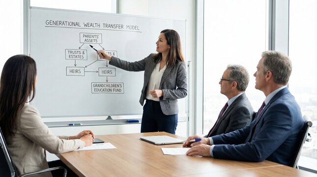 Financial planner illustrating generational wealth transfer model on a presentation board in a modern office environment