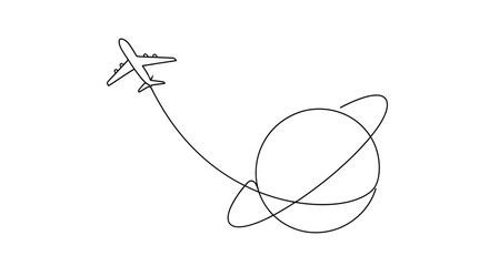 Naklejka premium Airplane Flying Around Planet Earth with Orbit Rings, Minimalist Line Art