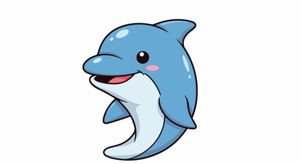 Naklejka premium A cartoon dolphin with a cheerful expression swimming against a clean white background with blue and white colors.