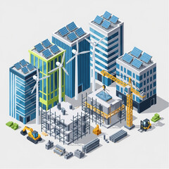 Sustainable city development with renewable energy and construction.