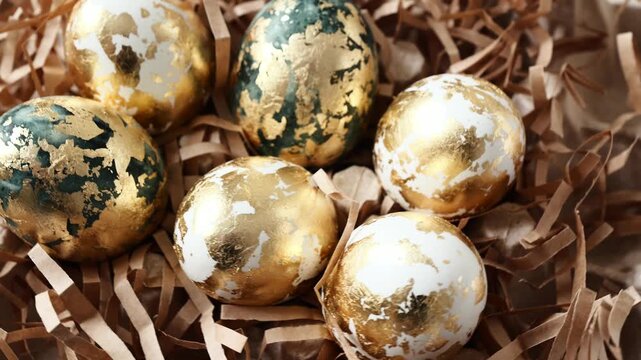 Golden eggs rest on a bed of brown paper shavings for springtime festivities.