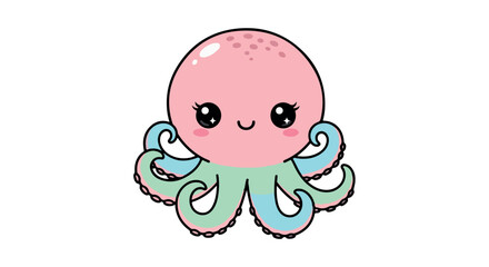 Fototapeta premium A cartoon octopus with pink head, green tentacles and a cheerful expression on a white background with a cute and playful mood.