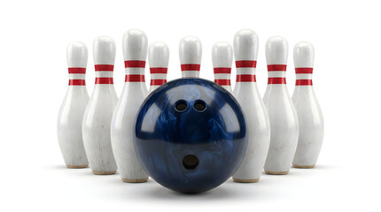 Blue bowling ball positioned in front of ten white bowling pins