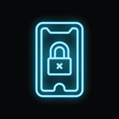 Glowing neon icon of a smartphone showing a locked screen with a closed padlock