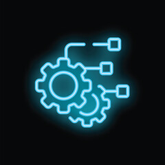 Obraz premium Blue neon icon of automation process with connected gears and data flow on a black background