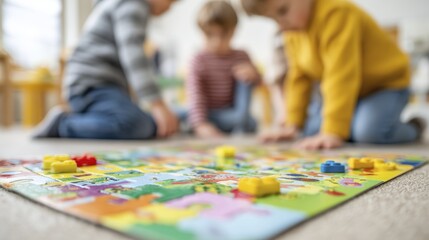 Obraz premium Children playing vibrant board game on carpet in cozy living room