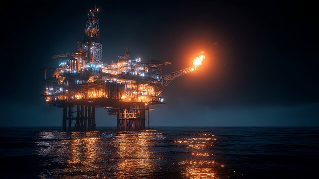 Offshore Oil Rig Platform at Night with Gas Flare and Industrial Lighting