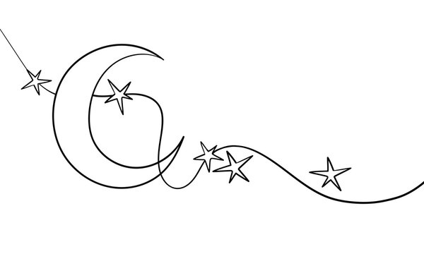Moon and stars, continious line drawing. Celestial mystical sky sketch. Magic, esotericism, occultism line art. Vector illustration