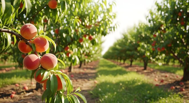 Peach orchard with lush green trees and ripe fruit on branches in summer