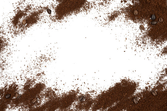 textured background of coffee beans and coffee powder frame isolated on white or transparent png