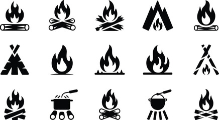 Black and white silhouette vector set of fifteen campfire icons with burning logs and cooking pots for outdoor graphic design. © Creative Art