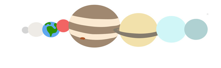 Flat minimalist illustration of the solar system planets aligned horizontally, including Pluto. Clean geometric shapes, accurate relative scale approximation, isolated design. © Oddette