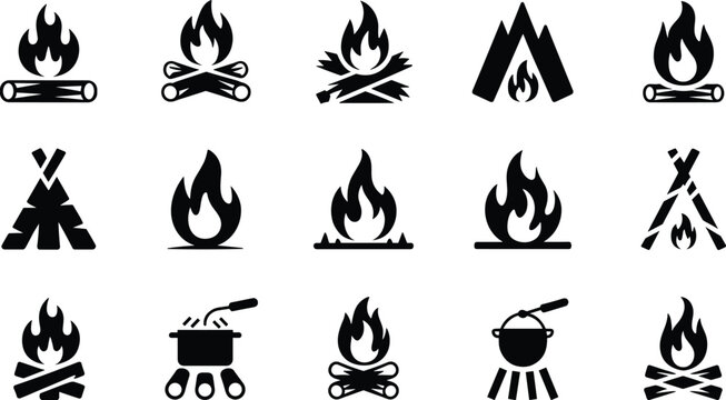 Black and white silhouette vector set of fifteen campfire icons with burning logs and cooking pots for outdoor graphic design.