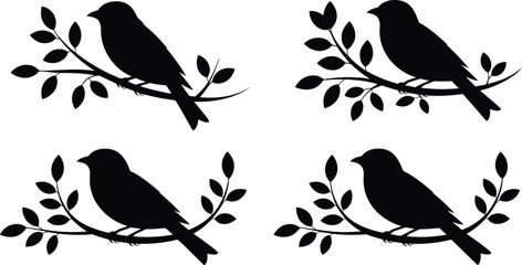 Fototapeta premium Black silhouette vector collection of four small wild birds resting gracefully on curved leafy branches for nature graphic design projects.