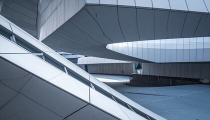 Obraz premium A perspective of a modern metal escalator within a glass building structure showcases industrial steel design and interior light through the ceiling