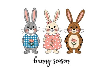 Obraz premium Three cute cartoon bunnies wearing clothes on a white background with bunny season text