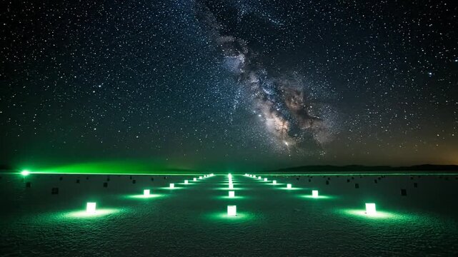 Time-lapse of a starry night sky with the Milky Way, featuring green laser or light strip projections on a flat seascape with distant horizon. Progression shows increasing numbers of illuminated mark