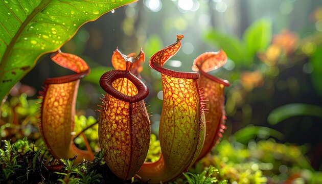 Three pitcher plants stand out in a lush, green environment.