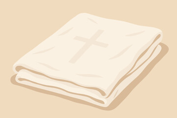 Flat vector illustration of folded white shroud cloth with faint cross imprint