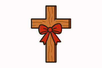 Flat vector illustration of a wooden cross with a red ribbon tied around it