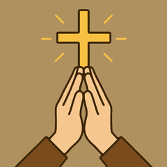 Flat vector illustration of praying hands below a glowing cross