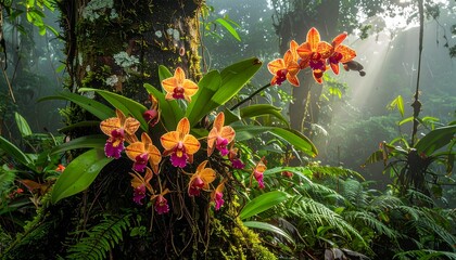 Vibrant orchids in a lush rainforest setting, illuminated by sunlight.