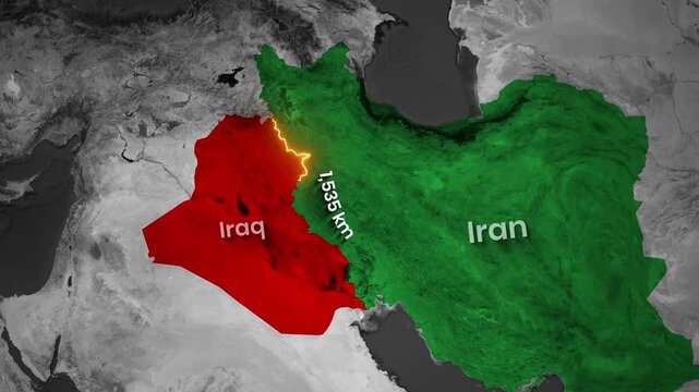 Map Animation the approximate border length between Iraq and Iran nations