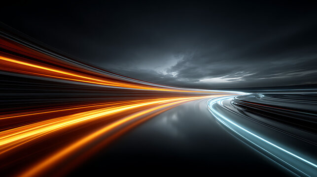 Futuristic High Speed Light Trails on Dark Highway Representing Fast Data Transfer and Modern Transportation Technology with Dynamic Motion Blur and Cinematic Lighting