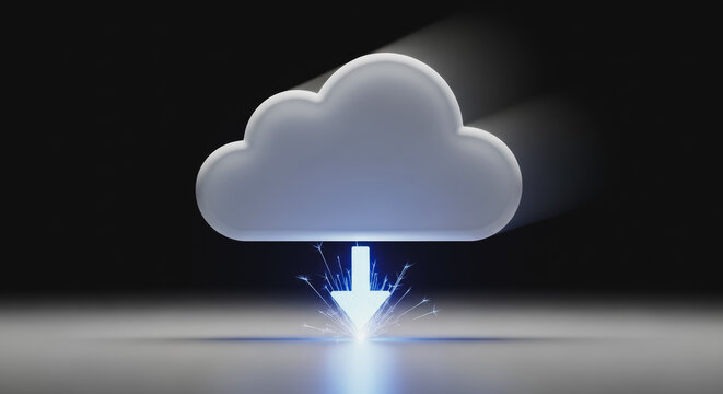 Glowing cloud icon with sparkling download arrow symbolizing data transfer and cloud storage on a reflective dark background.