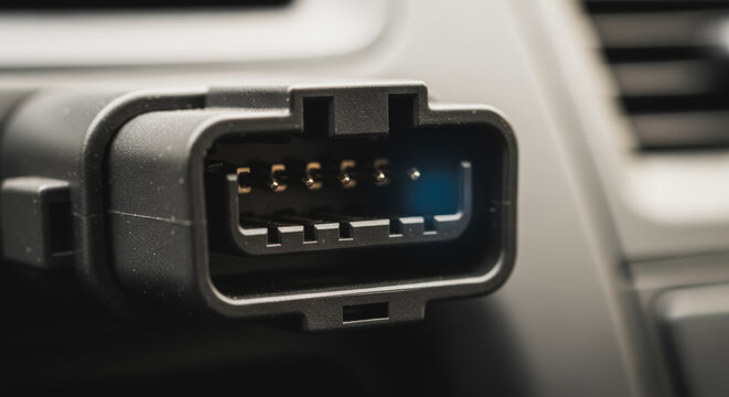 Close-up of an OBD-II vehicle diagnostic port with visible metal pins