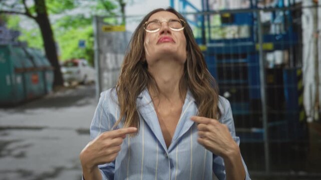 Young hispanic woman points finger to chest on urban street with blurred metal fence and trash bins visible; confidence.