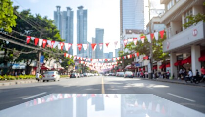 Blurred Urban Street with Festive Flags