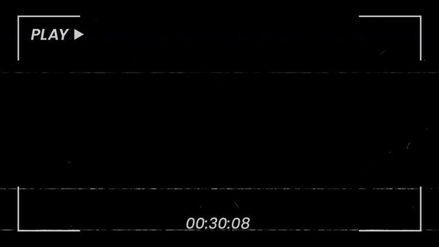 Retro VHS camcorder frame with play icon, timer, and analog glitch noise, 4k alpha channel