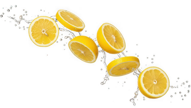 Fresh lemon slices falling with a refreshing clear water splash isolated on transparent background