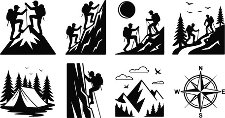 Silhouette vector collection of mountain hikers, rock climbers, forest camping tent, and navigation compass for outdoor adventure graphic design projects. © Creative Art