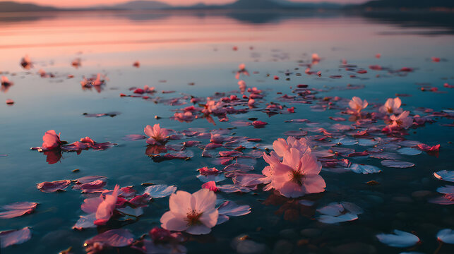 Cherry blossom petals drifting on a calm lake at sunrise.