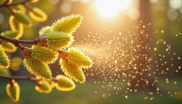 Airborne Tree Pollen in Sunlight &ndash; Seasonal Allergy Concept