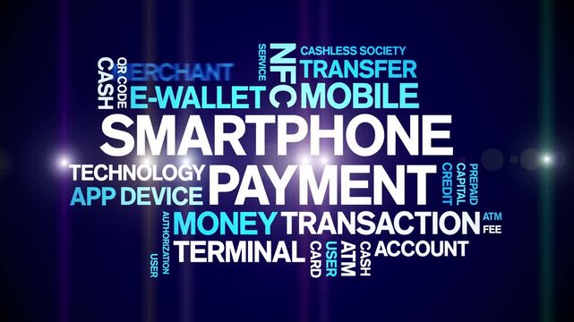 Smartphone Payment animated word cloud-text design animation tag kinetic typography seamless loop.