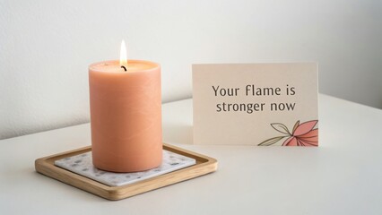 Lit candle and motivational card on a white table
