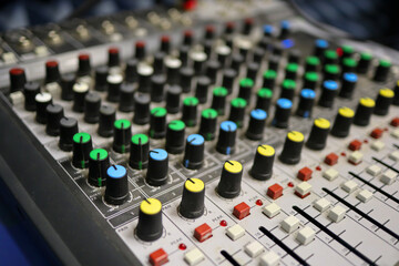 Close Up of Professional Audio Mixing Console in Recording Studio