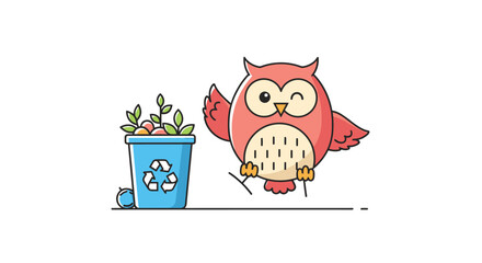 Cute red owl near recycling bin with plant scraps