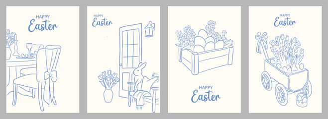 Set of greeting cards or poster for Happy Easter. Hand drawn line art bunny, egg crate, floral wagon and cozy home decor. Vector illustration © Huma Fida
