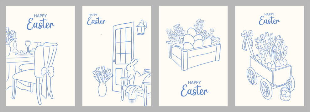 Set of greeting cards or poster for Happy Easter. Hand drawn line art bunny, egg crate, floral wagon and cozy home decor. Vector illustration