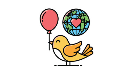 Bird with Balloon and Globe Heart
