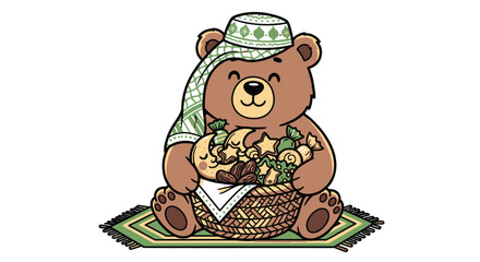 Cute bear with basket of cookies and snacks in traditional headscarf and hat on rug