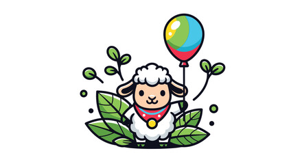 Cute Sheep with Balloon in Green Leaves