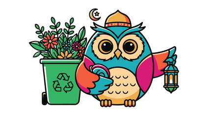 Colorful Owl with Lantern and Flower Pot
