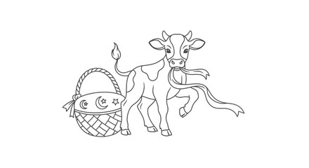 Young cow with Easter basket and scarf in line drawing