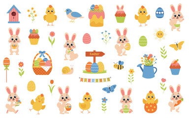 Fototapeta premium Cute Easter set. Cute animals characters of rabbit and chick. Spring and Easter collection of cute animals, eggs, flowers and seasonal elements.