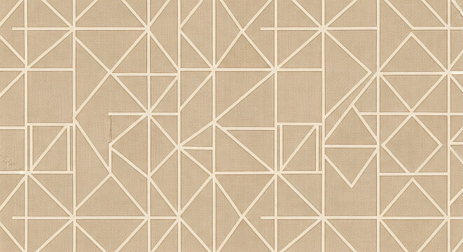Seamless beige geometric pattern overlaying a detailed woven cane texture creating an elegant backdrop ideal for contemporary interior design applications and natural textile styling.